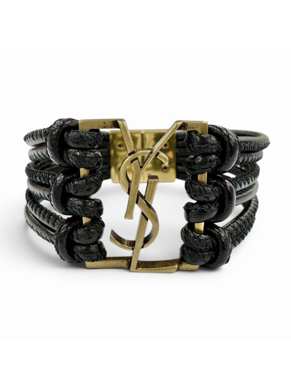 Saint Laurent Babylon Code YSL Logo Leather Bracelet Black Gold